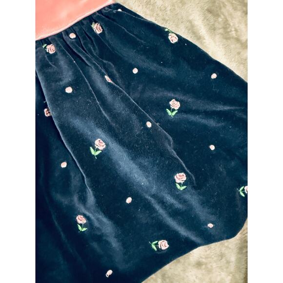 Vintage Velvet Dress Satin Bows Embroidered Rose Accents Lace Puff‎ Sleeve 12M - Picture 6 of 10